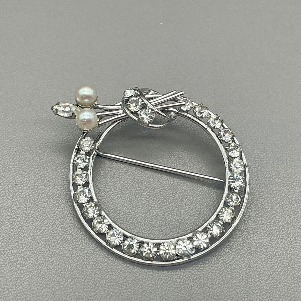 Carl Art Brooch Vintage Sterling Silver Rhinestone Faux Pearl Wreath Circle Pin